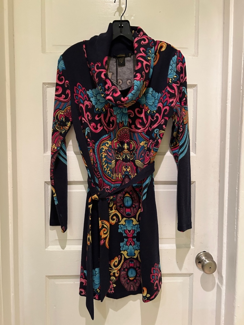 Radzoli Navy Cowl-Neck Long Sleeve Dress with Multicolor Scroll Print